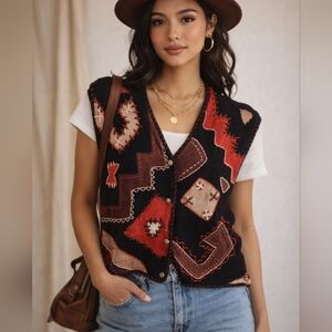 Vintage Arlando Patchwork Knit Sweater Vest - Size Large Cotton Ramie